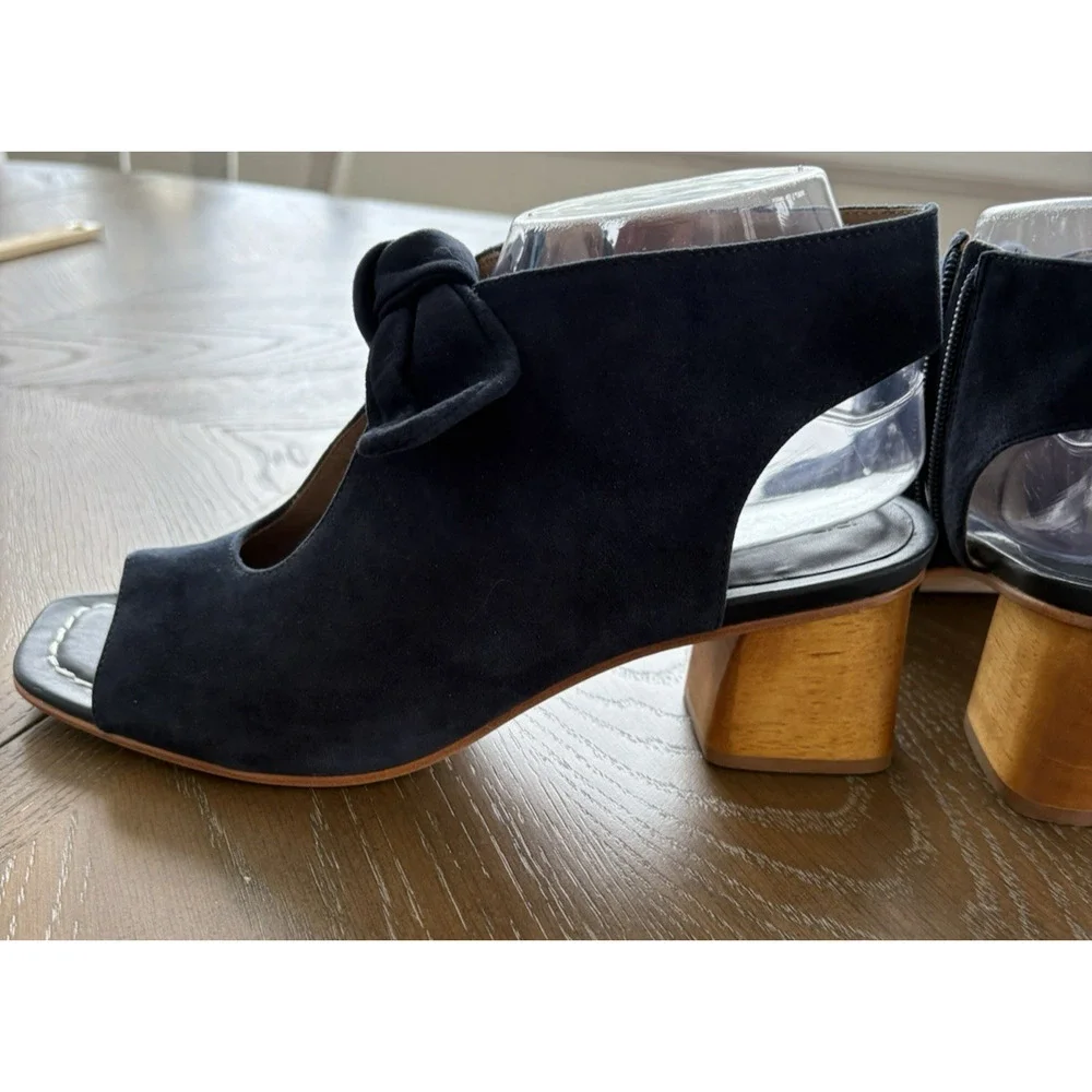 Bernardo Lizzie Navy Suede Booties Open Toe Block Wood Heel Designer Bow | 8.5 - Picture 6 of 9